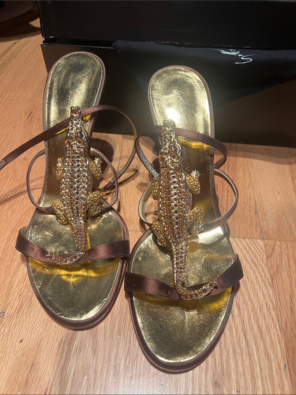 Giuseppe Zanotti Brown Strappy Heels with Gold Alligator Embellishments